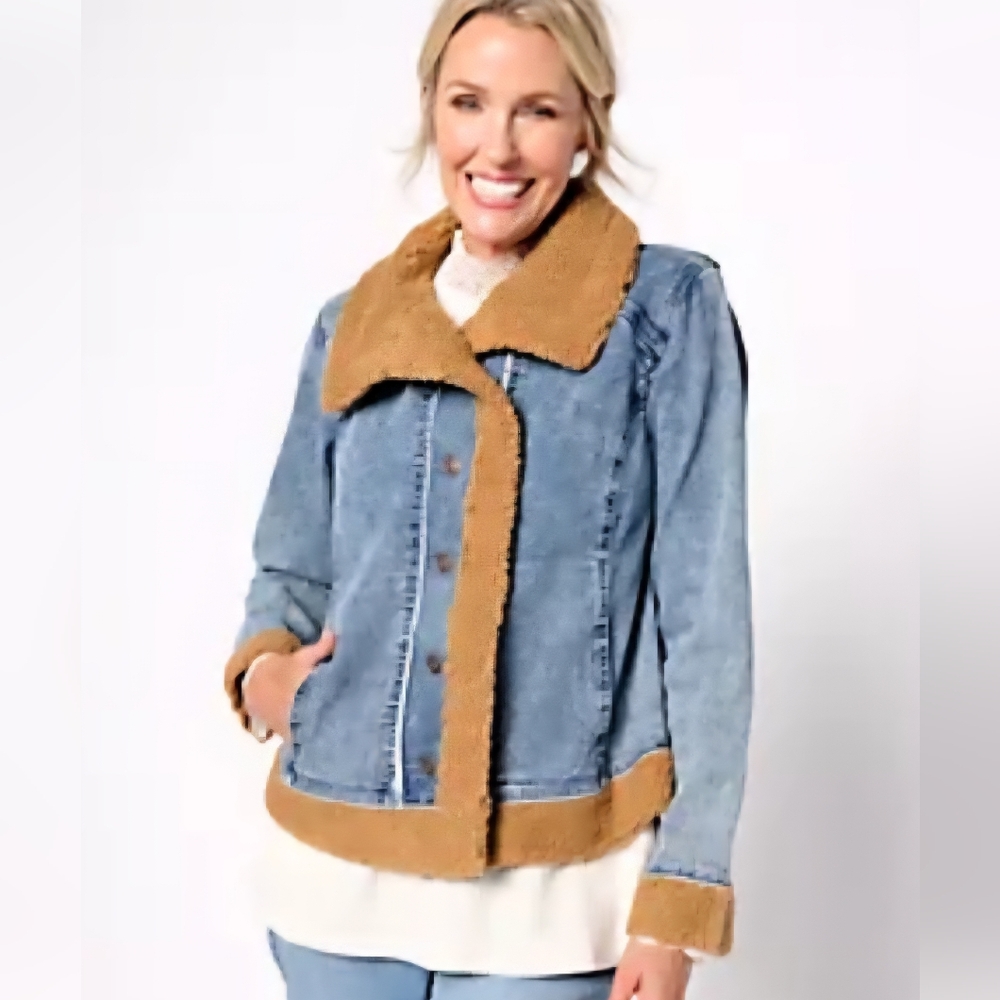 LOGO by LoriGoldstein Womens Sherpa Trim Denim Jacket Sz 10 Blue Coastal Cowgirl
